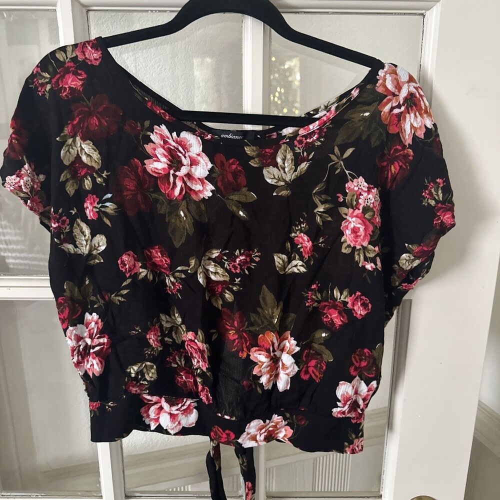 Ambiance Floral Juniors Crop Top Open Tie Back Cap Sleeve Womens Medium